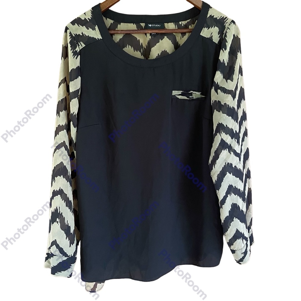 AB Studio Womens Black Tan Chevron Sheer Long Sleeve Blouse Faux Pocket Size L